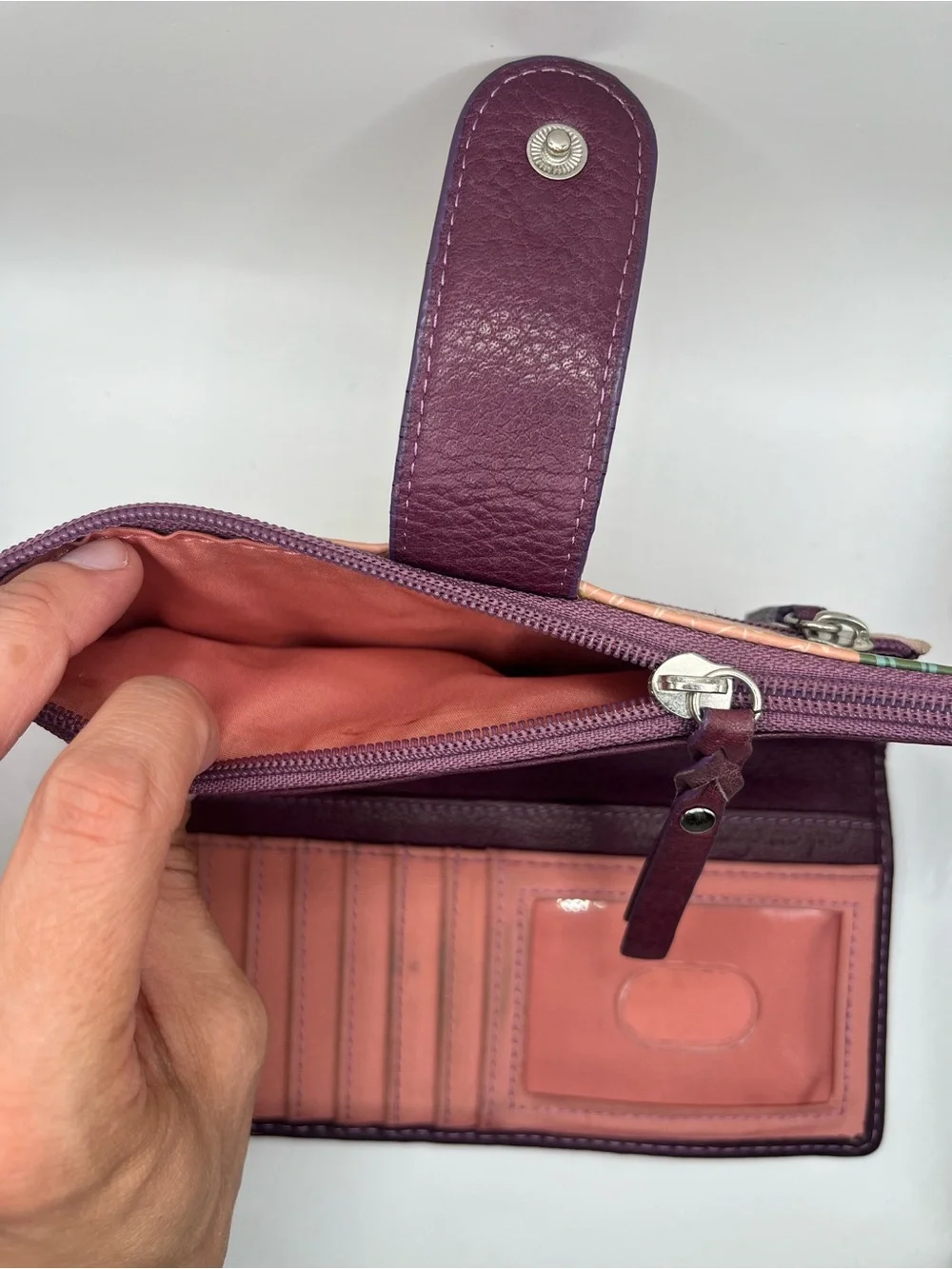 Fossil Pink Bird & Floral Leather Zip Wallet with Plum Trim